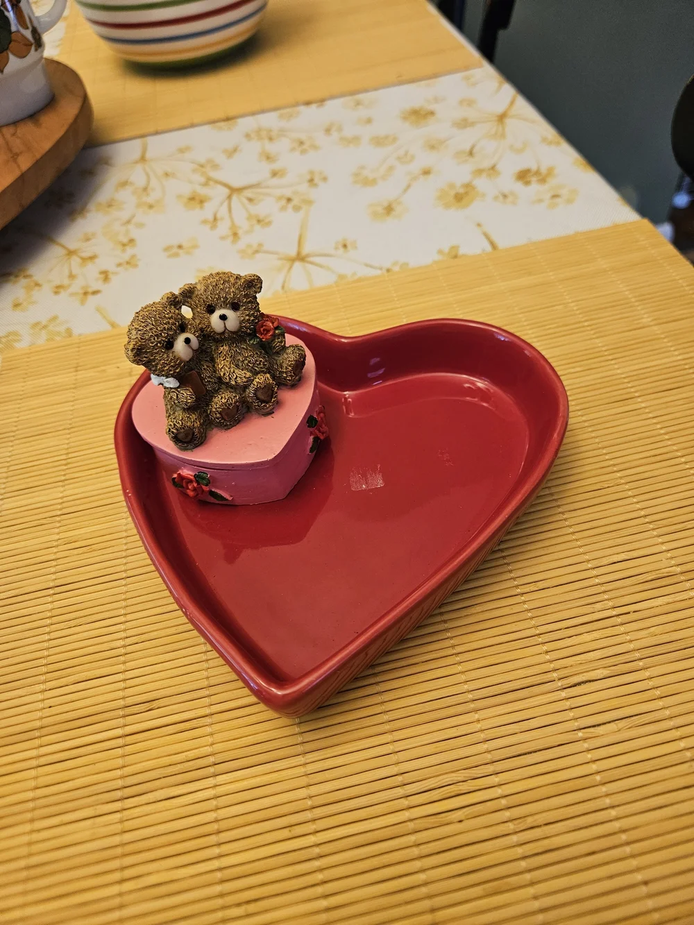 Red Heart Shaped Trinket Dish with Pink Bear Box:Upcycled
